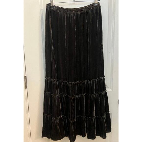 Chico's Silk Blend Whimsigoth Sevilla Skirt Maxi tiered Brown velvet Size 2 Boho - Picture 1 of 4